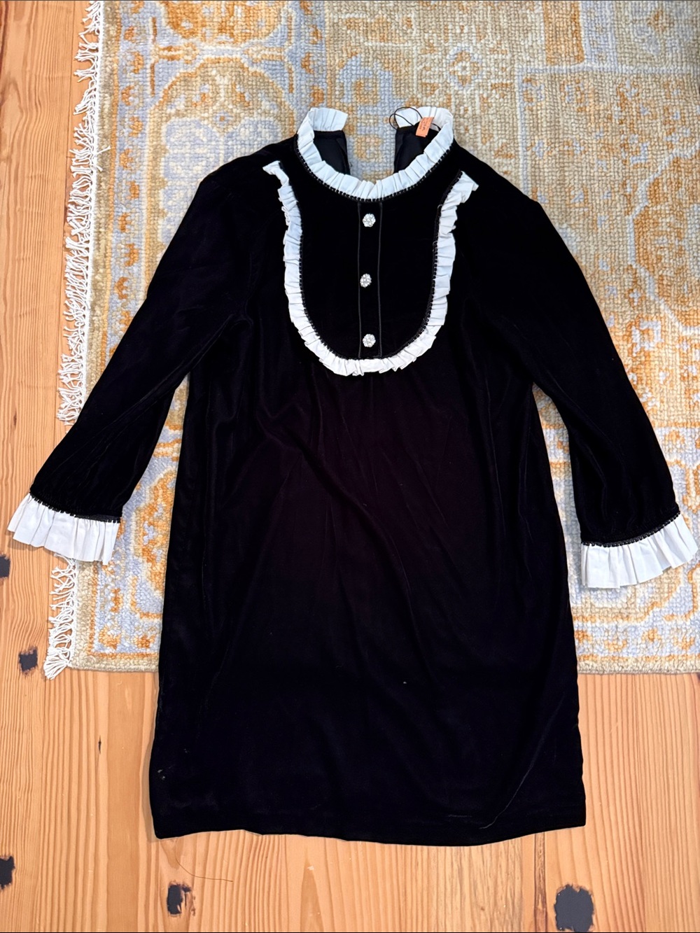 Zara Black Velvet Mini Dress with White Ruffle Trim